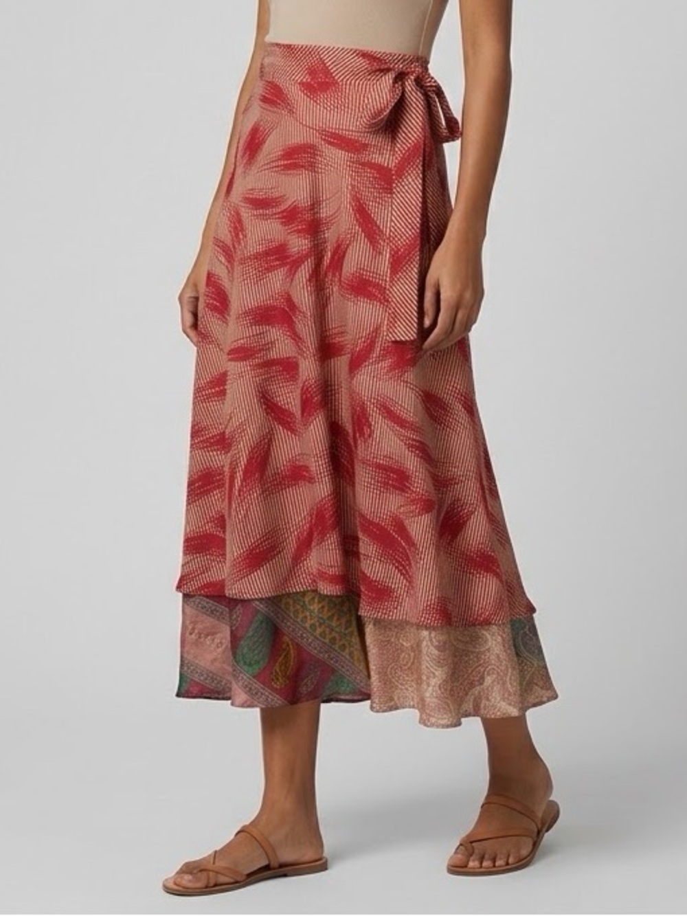 Guru Upcycled Sari Silk Reversible Wrap Midi Skirt - Medium, 100% Silk 🇨🇦